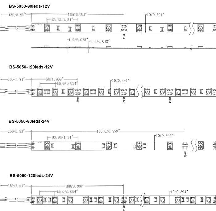 Technical diagram of LED strip specifications and dimensions.