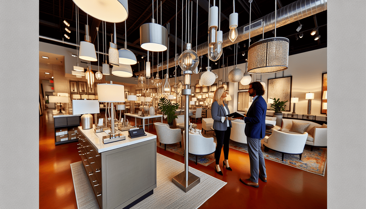 A display of various lighting fixtures and products in a Dallas showroom