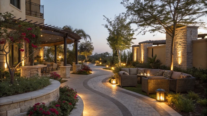 Cozy outdoor courtyard at dusk with warm lighting