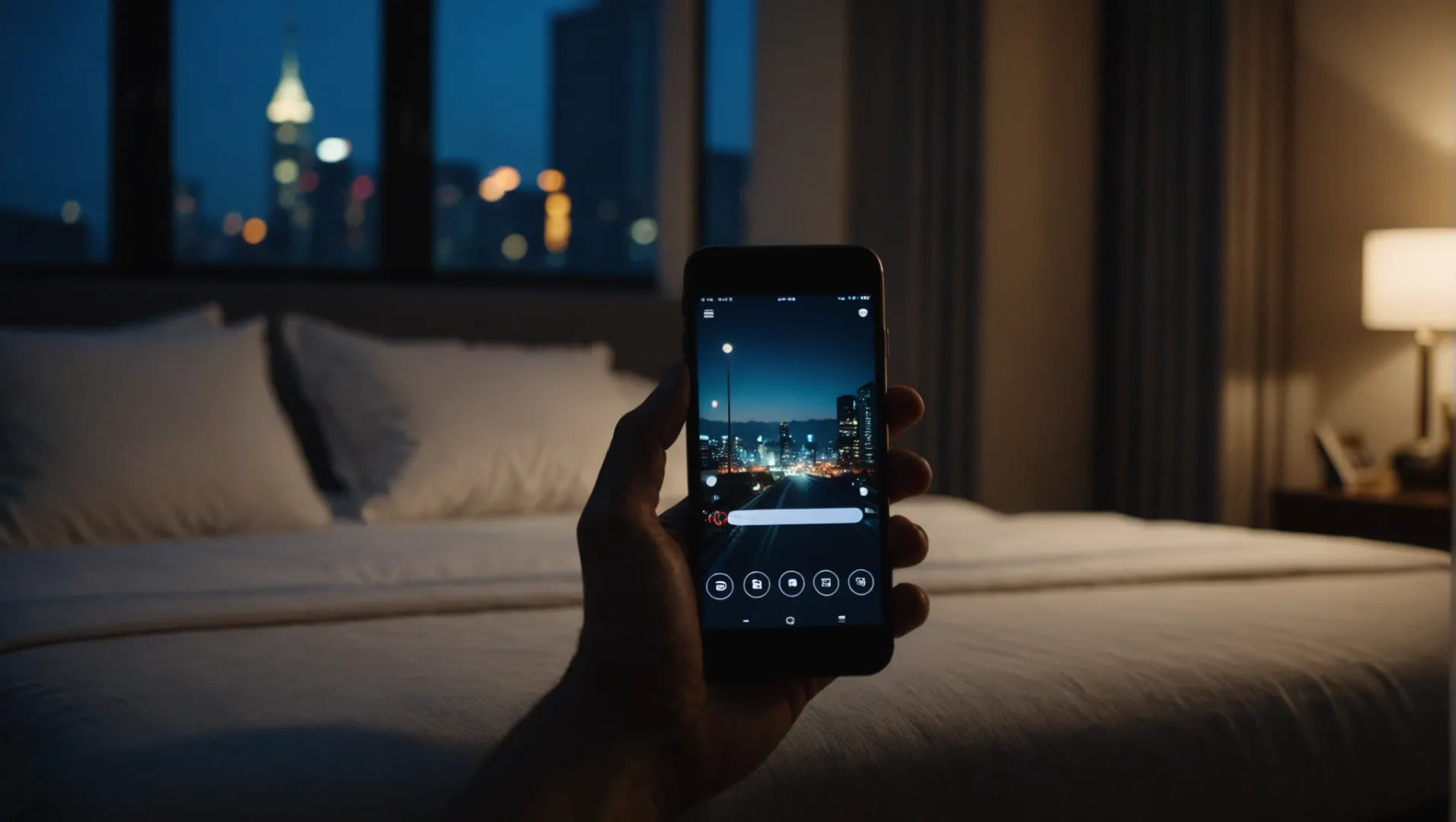 A modern bedroom with artificial lighting from lamps and electronic devices.