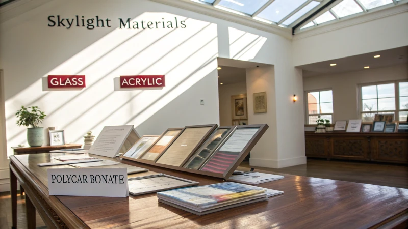 A bright room showcasing various skylight materials on a table.