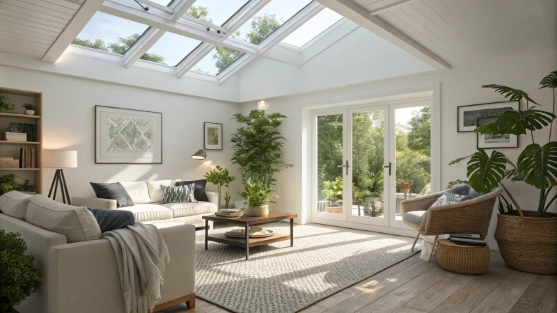 A bright living room with a large skylight and modern furniture