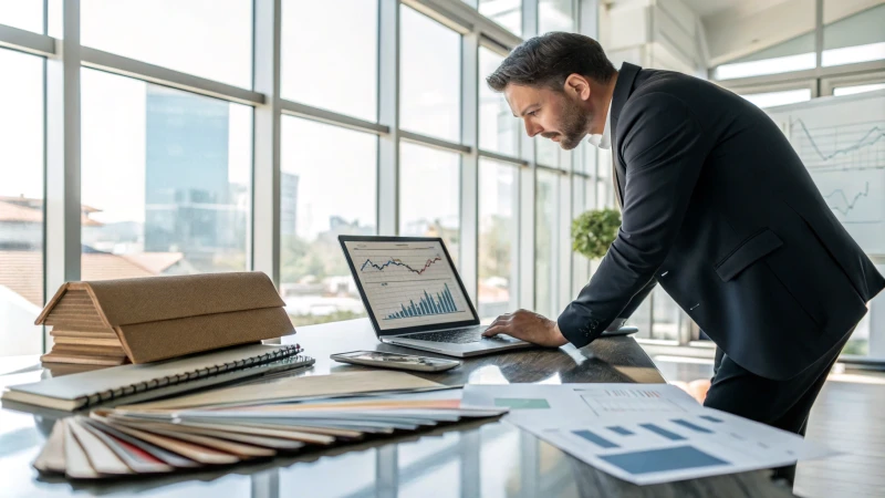Business professional analyzing financial graphs on a laptop in a modern office.