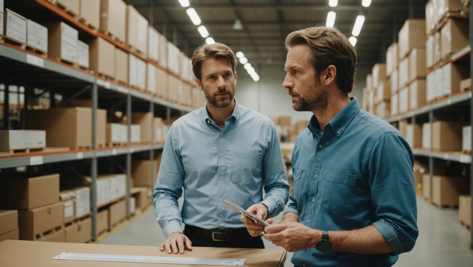 A business professional evaluating LED strip lights with a supplier in a warehouse