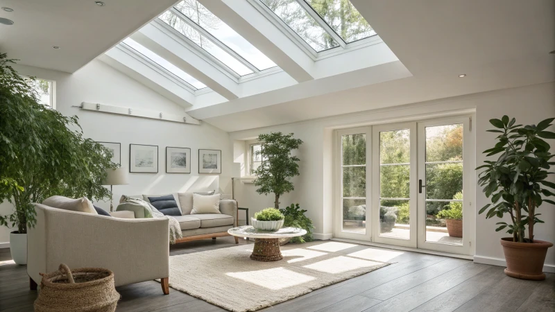 A bright contemporary interior room with LED skylights and minimalist furniture.