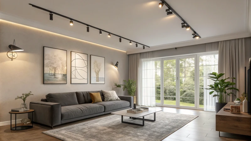 A modern living room with warm lighting and sleek furniture.