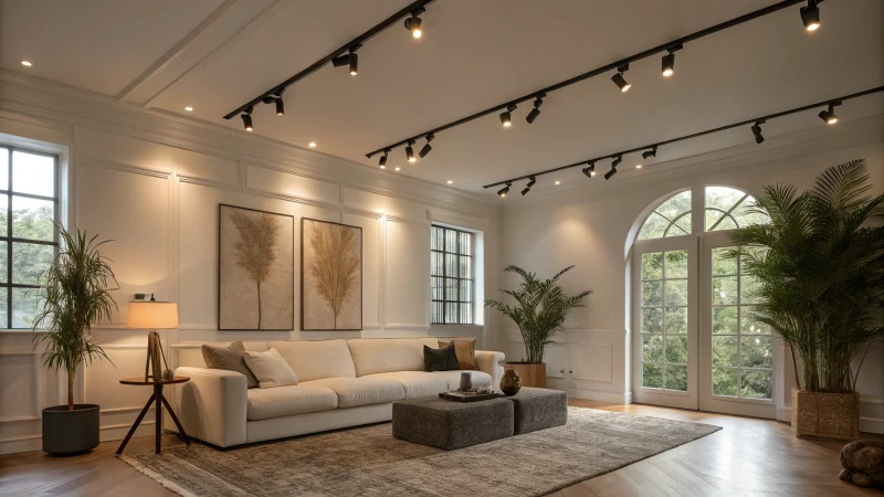 A stylish contemporary living room with high ceilings and warm lighting.