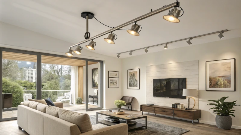 A modern living room with track lighting and neutral decor