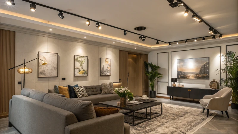 A modern living room with warm lighting and stylish decor