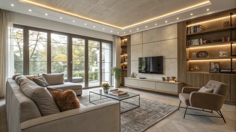 A modern living room with LED strip lights and natural light