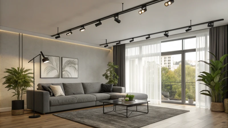 A contemporary living room with track lights and stylish furniture.