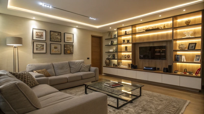 A modern living room with stylish furniture and integrated LED lighting