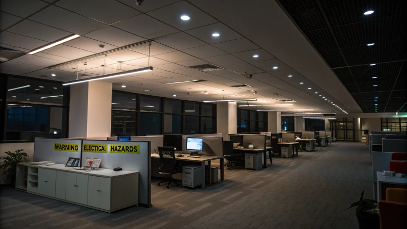 Modern office interior with flickering LED lights and electrical hazard signs