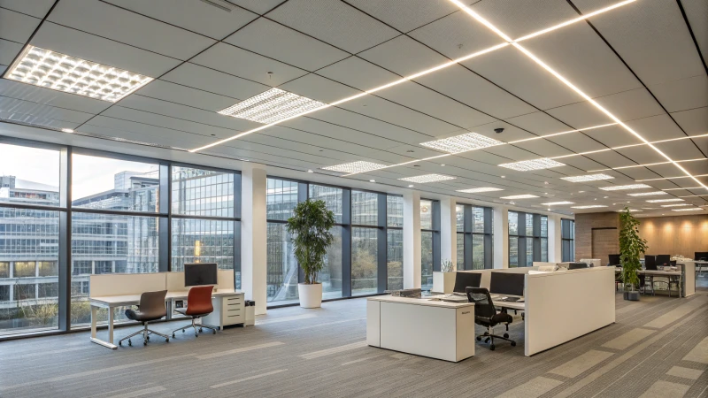 Modern office interior with bright LED lighting and large windows