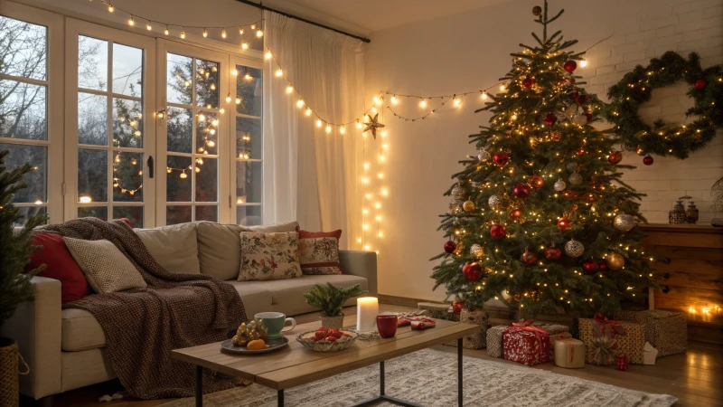 A cozy living room decorated for the holidays with a Christmas tree and warm lighting.