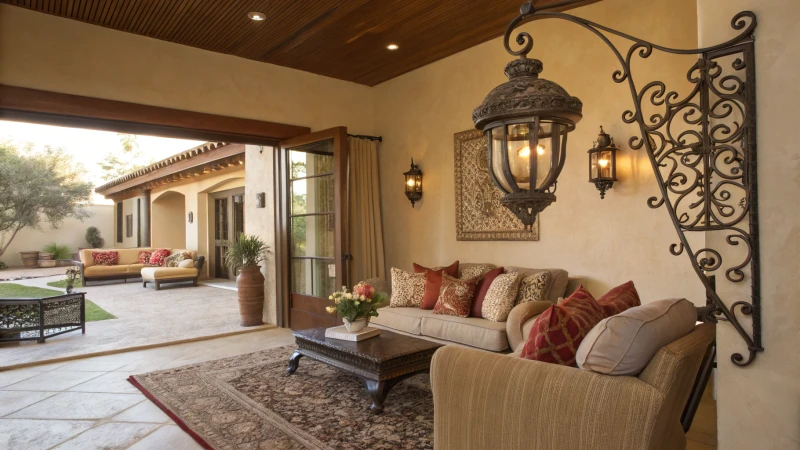 A cozy living room featuring a wrought iron outdoor light fixture and warm decor.