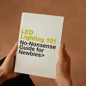 Hands holding 'LED Lighting 101' guidebook.