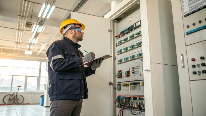An electrician examining grounding connections in front of an electrical panel.