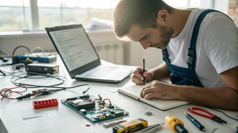 A technician troubleshooting a laptop in a cluttered workspace.