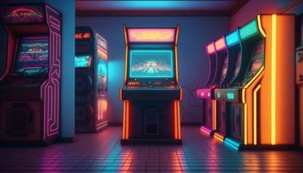 Neon-lit retro arcade machines in a dark room.