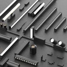 Various modern black architectural lighting fixtures displayed.