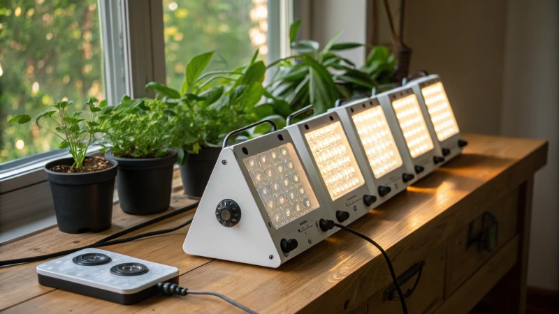 Close-up of LED grow lights on a table with plants in the background