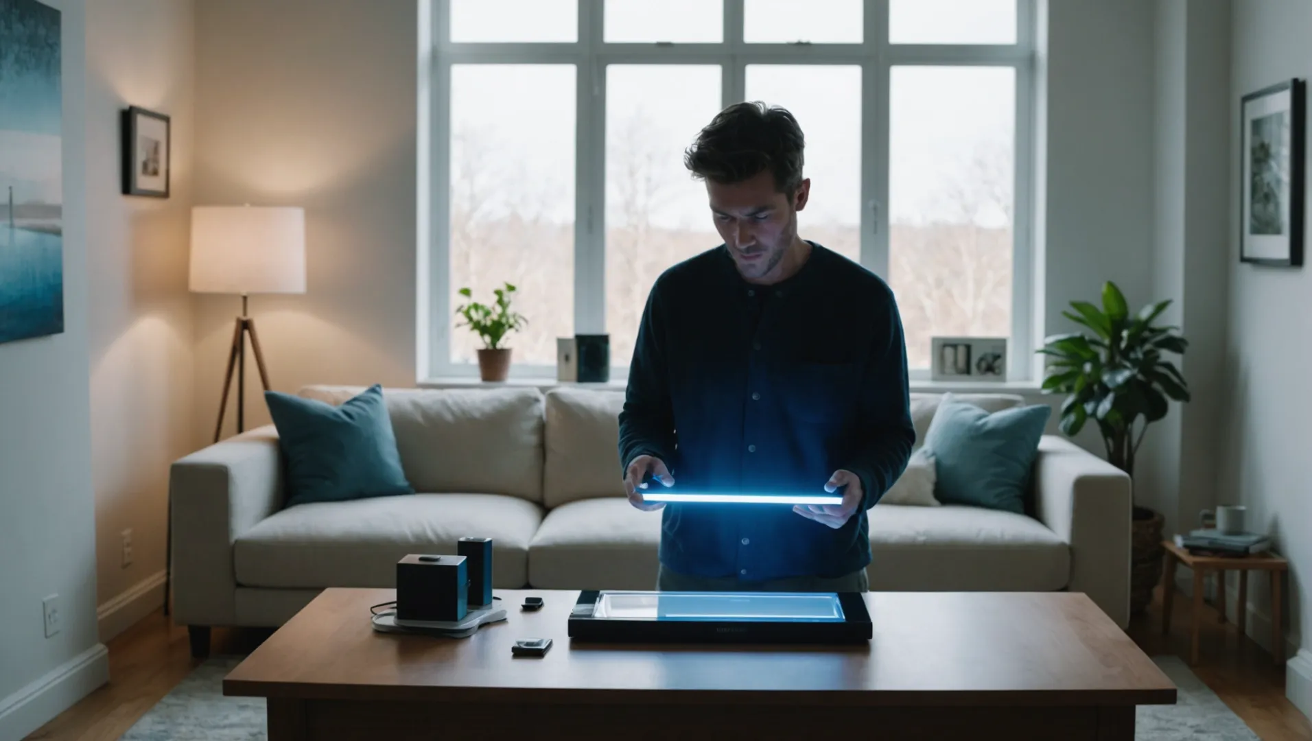 A person examining different light therapy devices with various features
