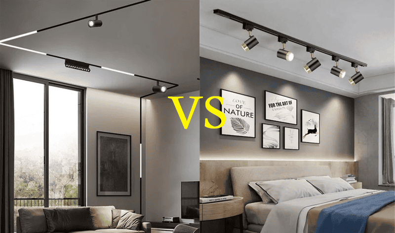 A stylish living room with two types of track lighting