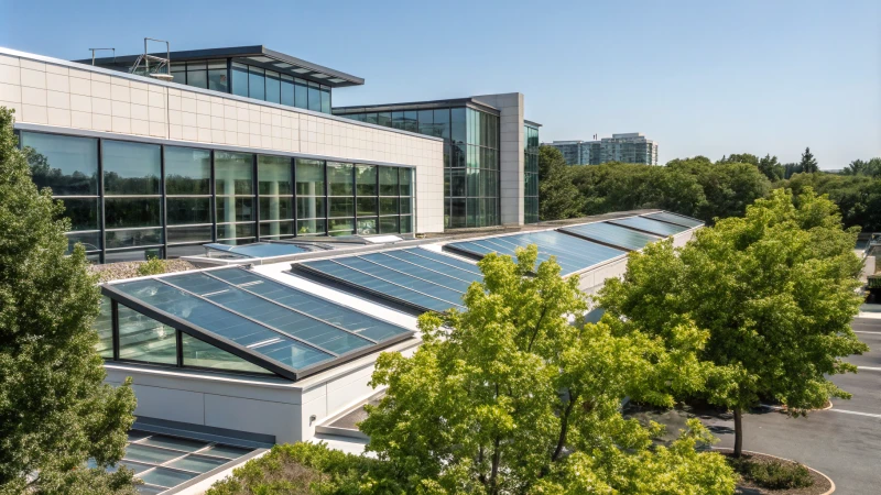 A modern commercial building with large skylights and green surroundings.