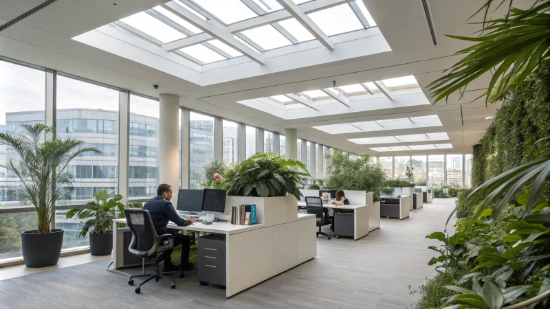 Interior of a modern office with artificial skylights and greenery.