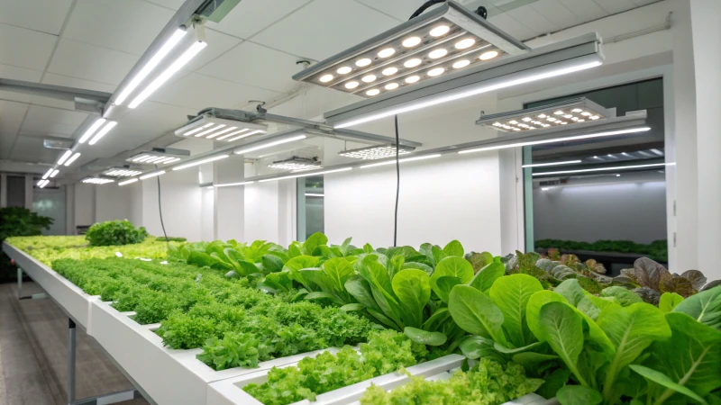 Modern indoor garden with LED lights and green plants