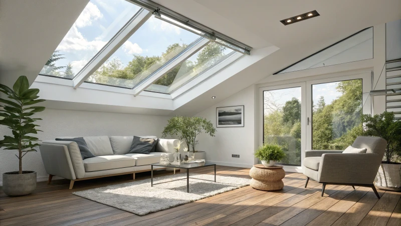 Modern interior room with a large skylight and contemporary furniture