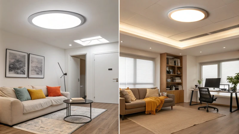 A modern living room and office with round and square LED lights