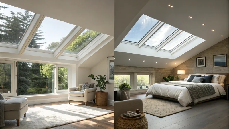 A modern room with traditional and artificial skylights side by side.