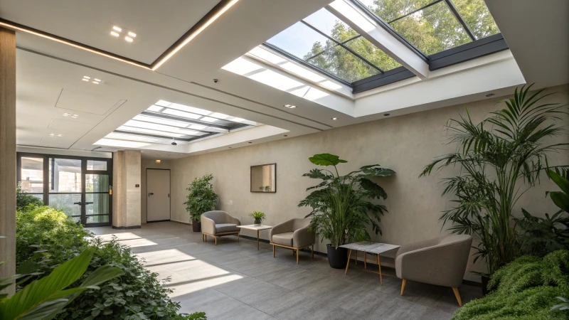 A modern interior room with artificial skylights and minimalist furniture