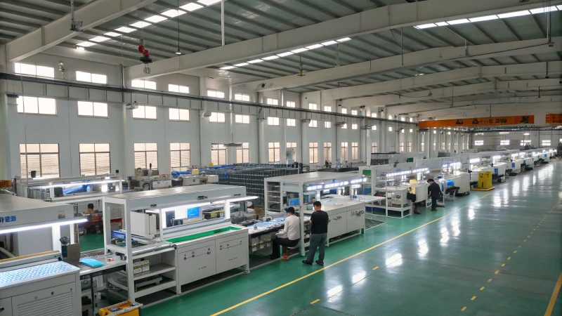 A busy LED manufacturing facility with workers and advanced machinery.