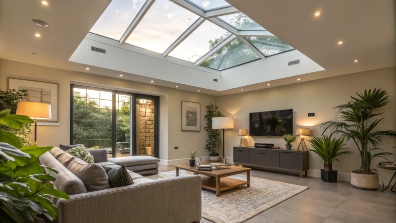 A modern living room featuring a large artificial skylight and stylish furniture.