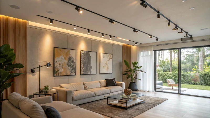 A cozy modern living room with minimalist furniture and magnetic track lights