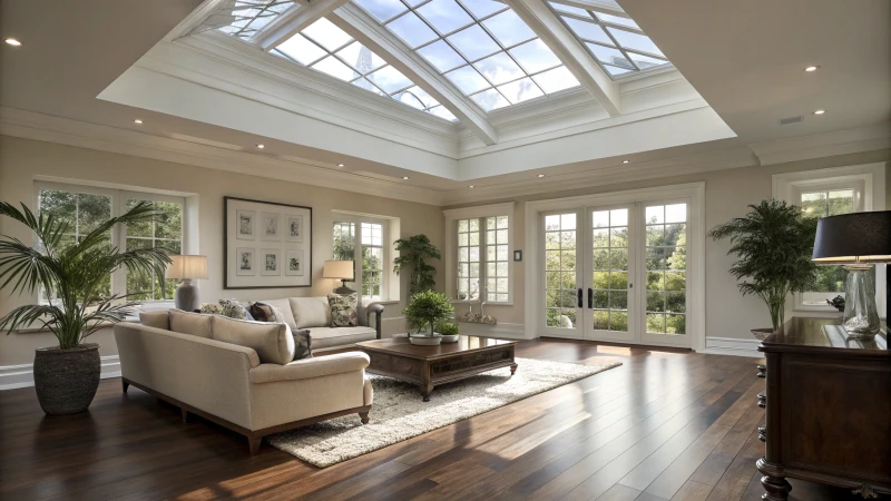 A modern living room with high ceilings and artificial skylights