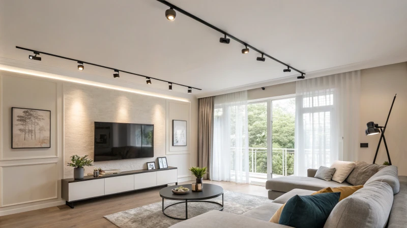 A modern living room with magnetic track lighting and contemporary furniture