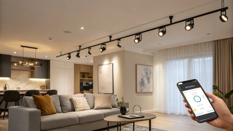 A modern living room with stylish decor and lighting