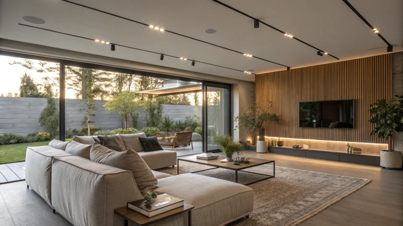 A modern living room with sleek furniture and warm lighting