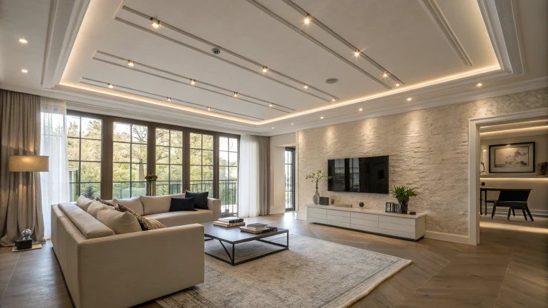 A modern living room with warm lighting and minimalist decor.