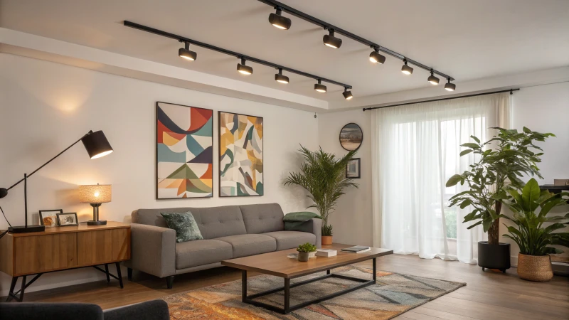 A modern living room with track lights and abstract art