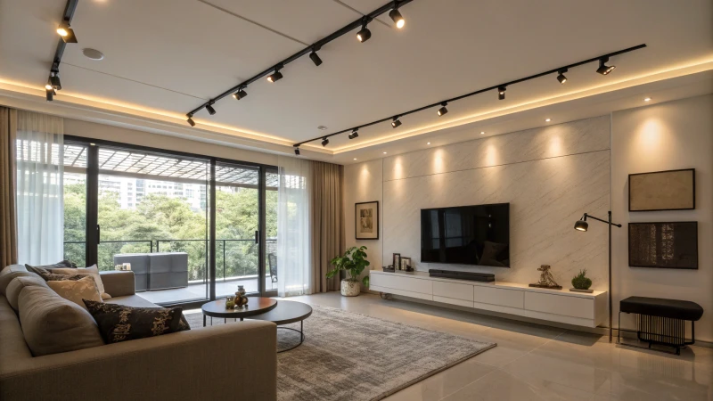 A modern living room with soft lighting and contemporary decor.