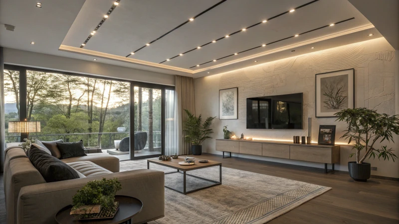 Modern living room with recessed lighting and contemporary furniture