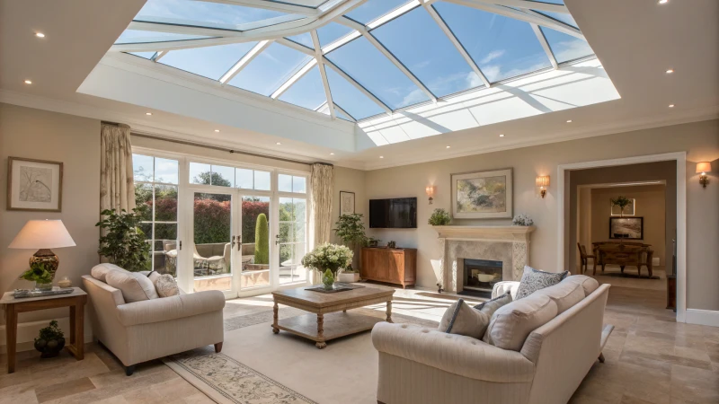 A modern living room with a large skylight and contemporary decor.