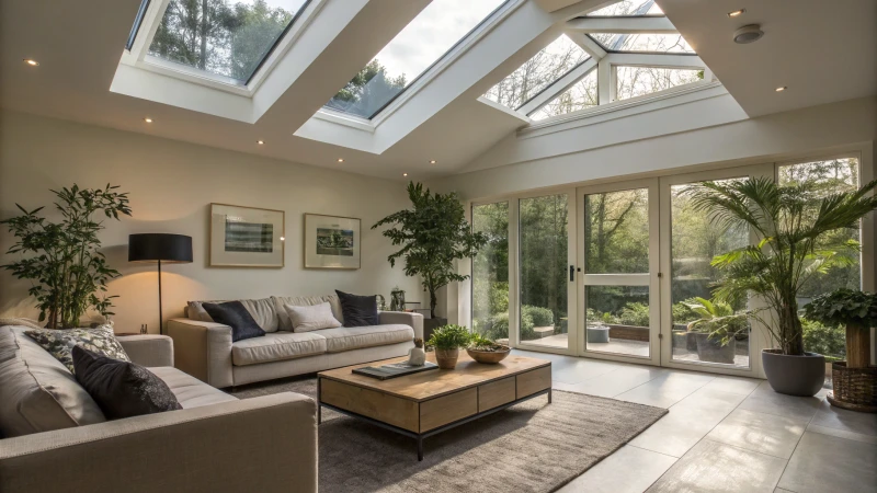 A bright and airy modern living room with skylights