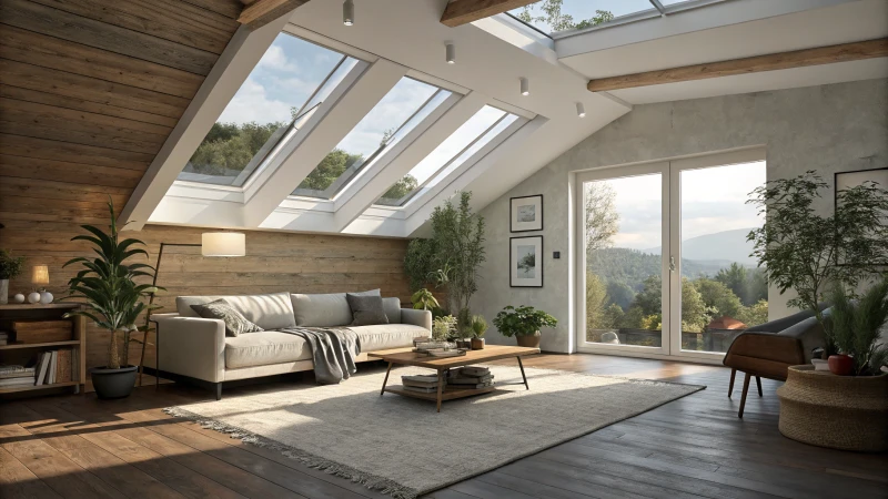 A modern living room filled with natural light from skylights