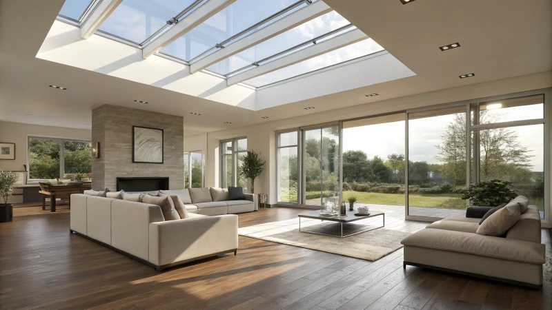 A spacious modern living room with natural light and sleek furniture.